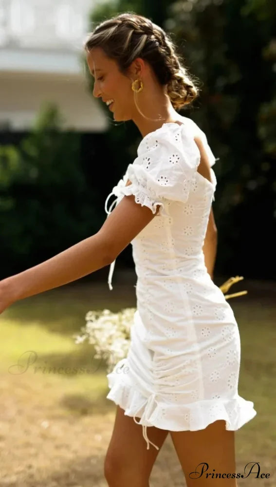 Ivory Lace Cotton Brief Sleeve Body-Hugging Mini Bohemian Dress bohodress-250126