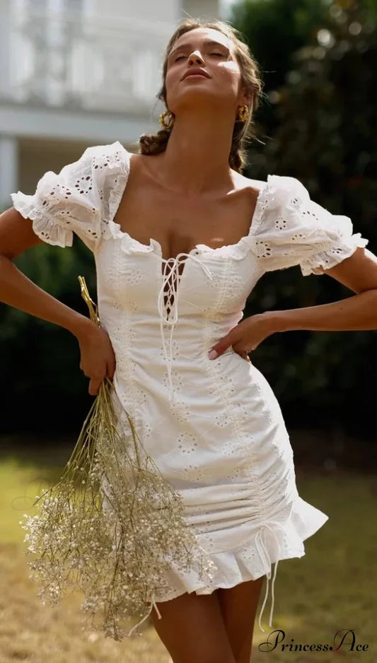 Ivory Lace Cotton Brief Sleeve Body-Hugging Mini Bohemian Dress White / S bohodress-250126