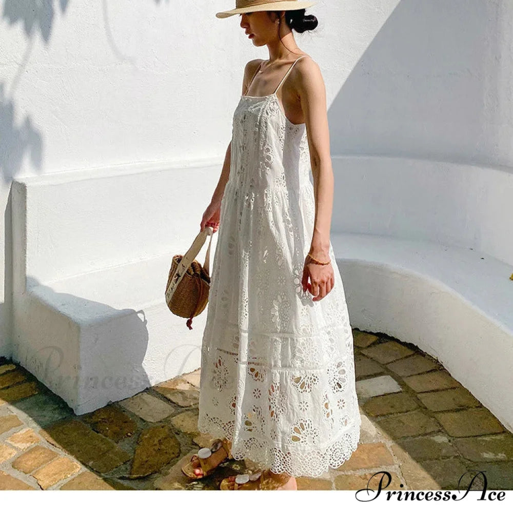 Ivory Lace Dress Cotton Floral Embroidery Strap Sleeveless Women Summer Dress bohodress-250126