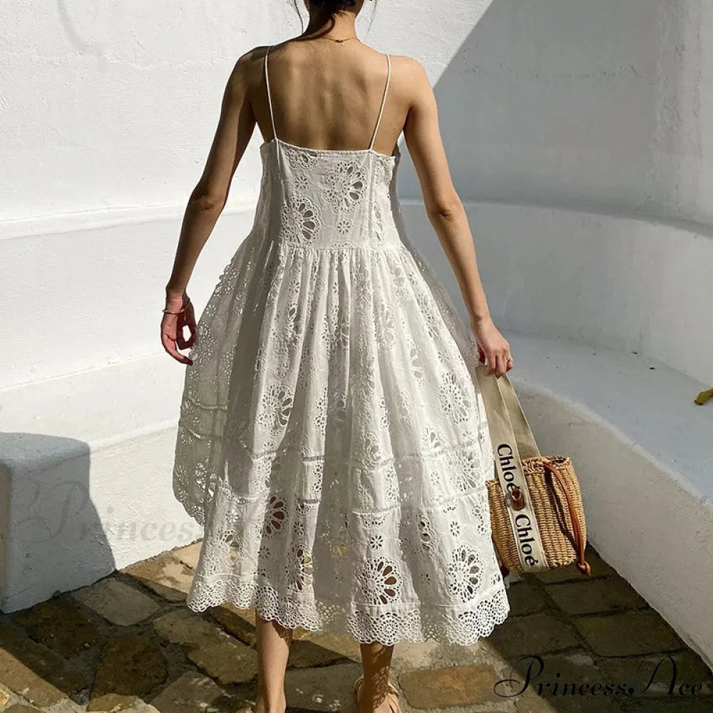 Ivory Lace Dress Cotton Floral Embroidery Strap Sleeveless Women Summer Dress bohodress-250126