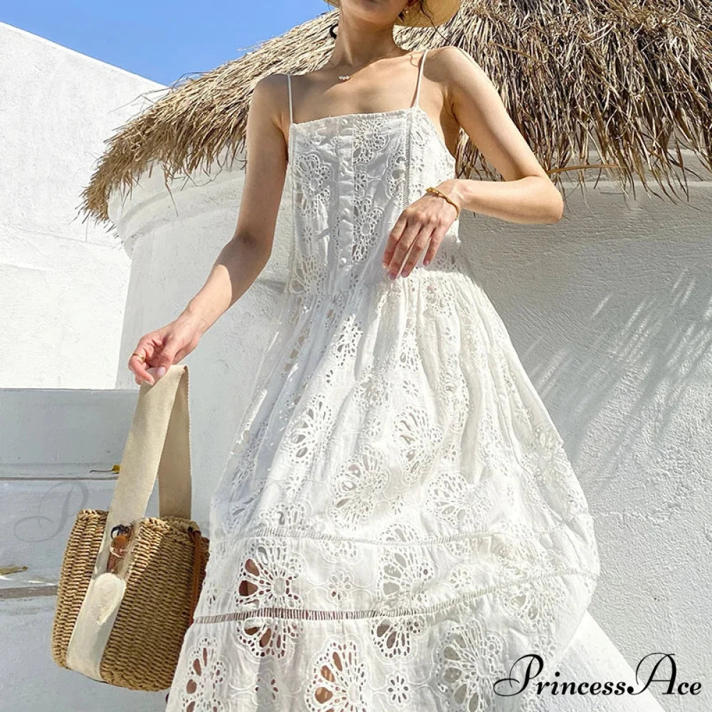 Ivory Lace Dress Cotton Floral Embroidery Strap Sleeveless Women Summer Dress bohodress-250126