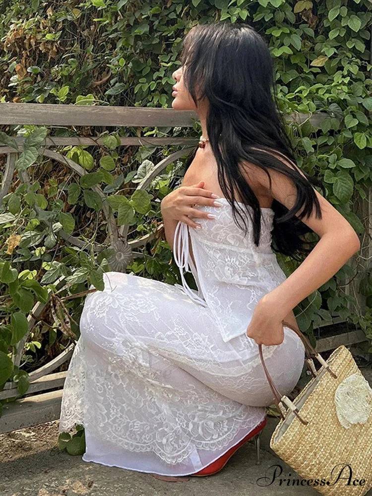 Ivory Lace Flowery Sleeveless Off-Shoulder Bandeau Wrap Flowery Dress floraldress-250126