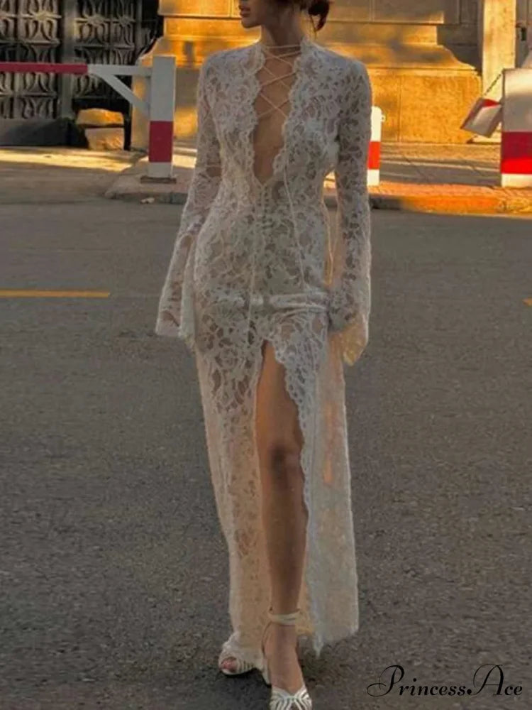 Ivory Lace Knitted Blossom Low Cut Crisscross Slit Blossom Dress floraldress-250126