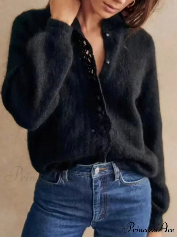 Ivory Lace Lapel Cardigan Black / S cardigans-241228