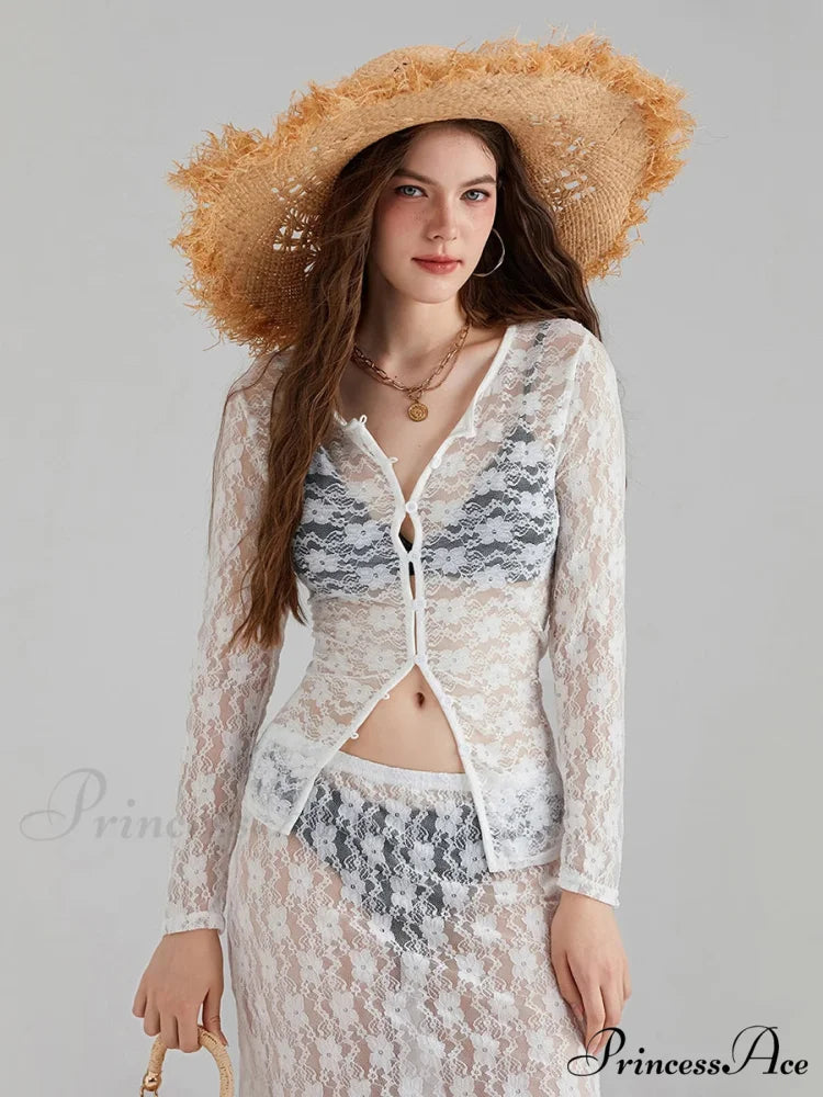 Ivory Lace Mesh Extended Sleeve Button-Up Floral Skirt Set floraldress-250126