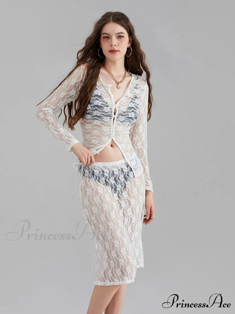 Ivory Lace Mesh Extended Sleeve Button-Up Floral Skirt Set floraldress-250126