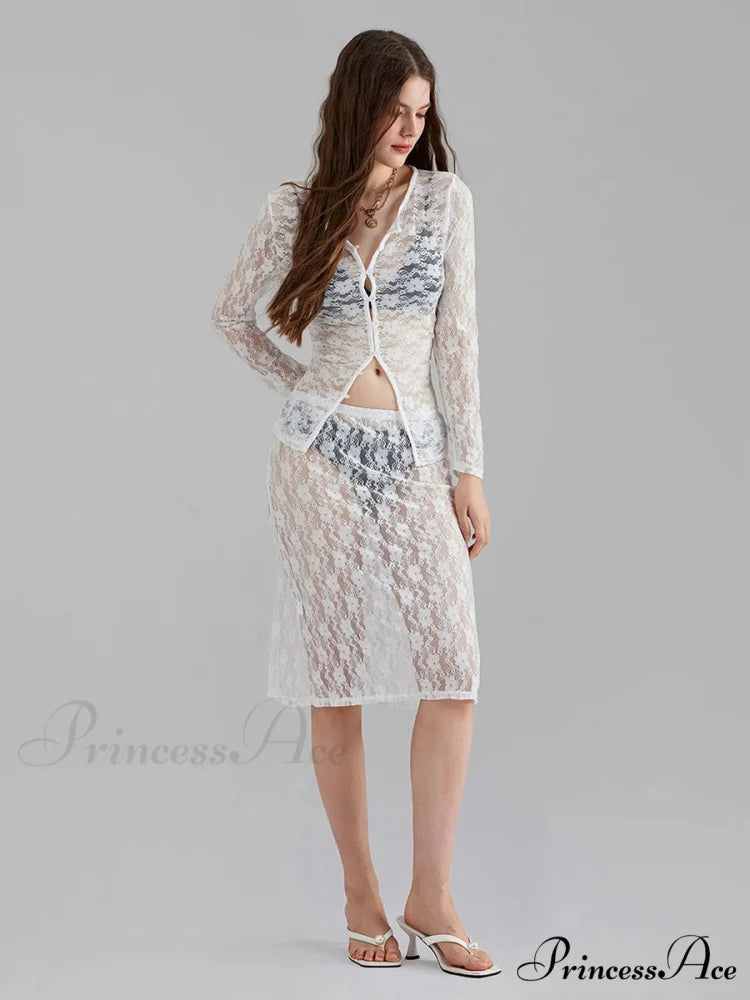 Ivory Lace Mesh Extended Sleeve Button-Up Floral Skirt Set floraldress-250126