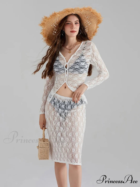 Ivory Lace Mesh Extended Sleeve Button-Up Floral Skirt Set WHITE / S floraldress-250126