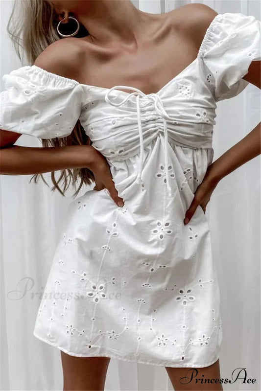 Ivory Lace Needlework V-neck Cotton Wrist Mini Boho Dress White / S bohodress-250126