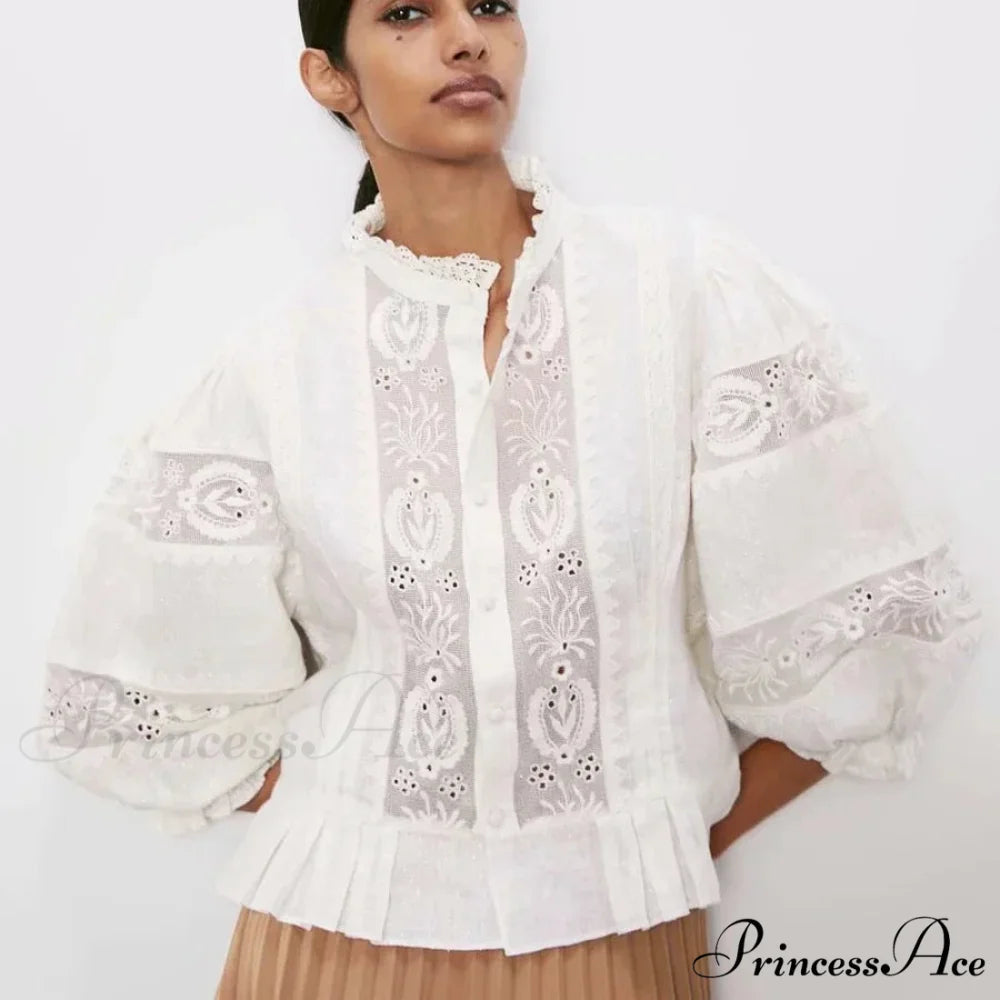 Ivory Lace Puff Sleeve Cotton Floral Embroidery Bohemian Top White / S bohoblouse-250126
