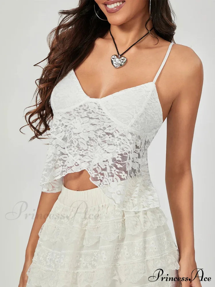 Ivory Lace Thin Strap Wrap Hem Slip Camisole Top croptop-250126