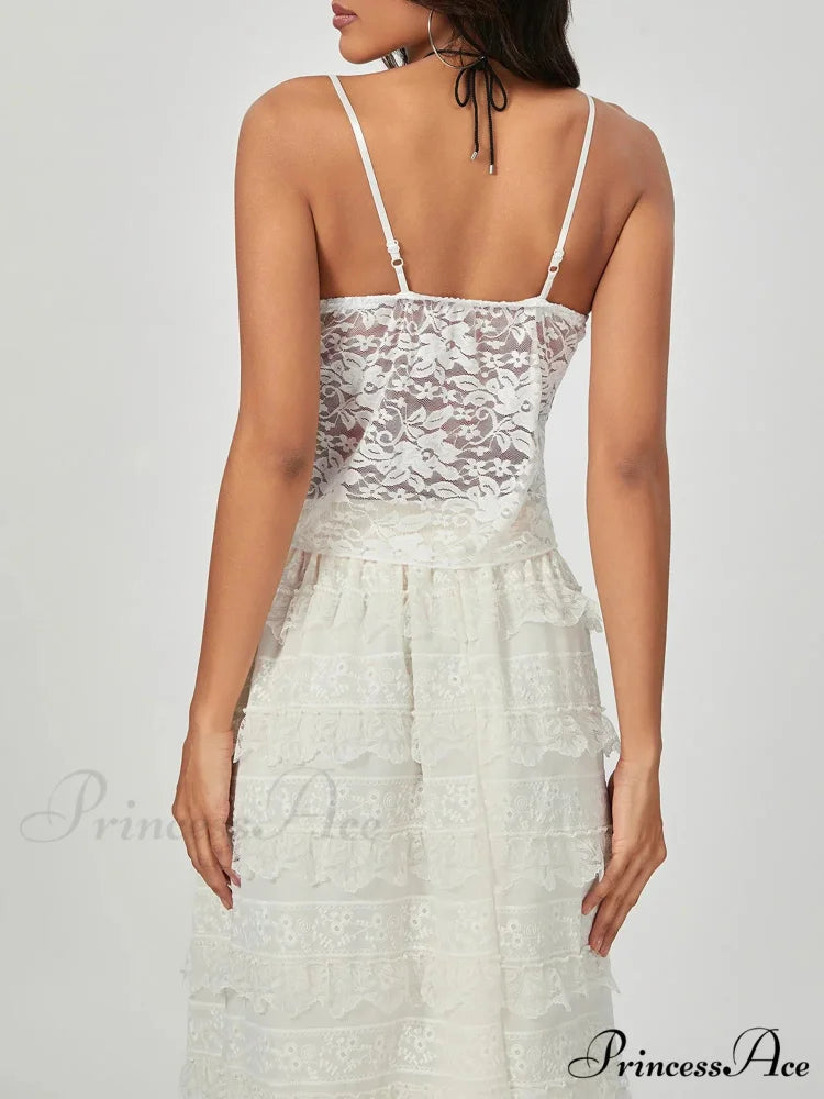 Ivory Lace Thin Strap Wrap Hem Slip Camisole Top croptop-250126