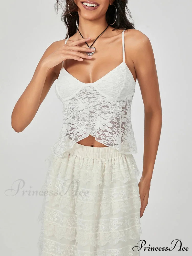Ivory Lace Thin Strap Wrap Hem Slip Camisole Top croptop-250126
