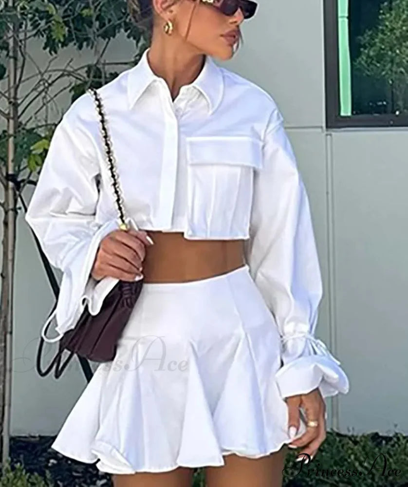 Ivory Pockets Cropped Pleated Mini Professional Two Piece Ensemble officetwopieceset-250223