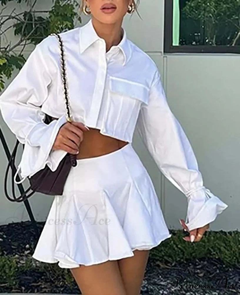 Ivory Pockets Cropped Pleated Mini Professional Two Piece Ensemble WHITE / S officetwopieceset-250223