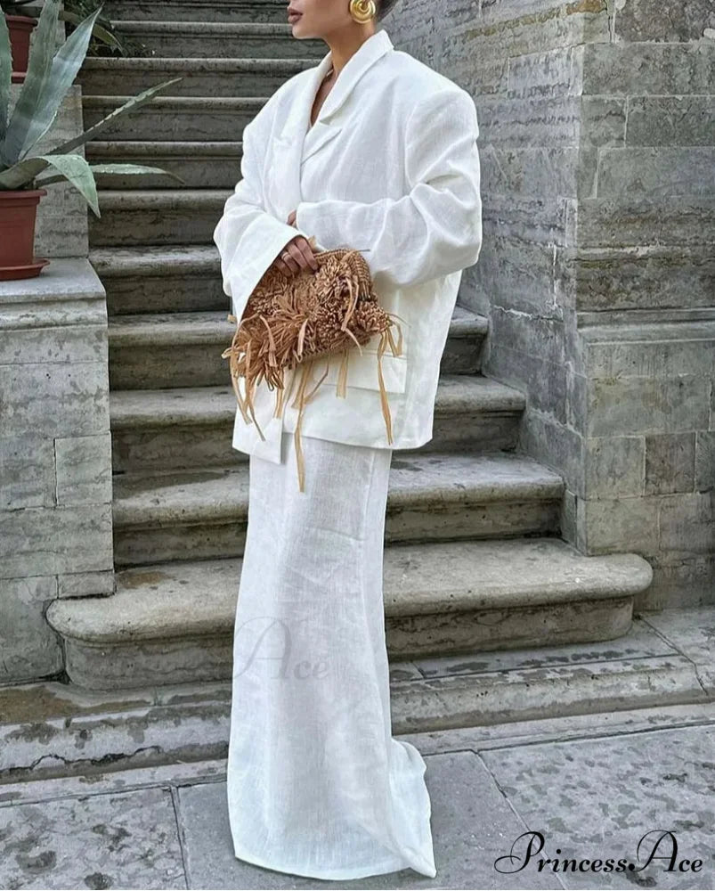 Ivory Pockets Jacket Long Skirt Workplace Two Piece Ensemble WHITE / S officetwopieceset-250223