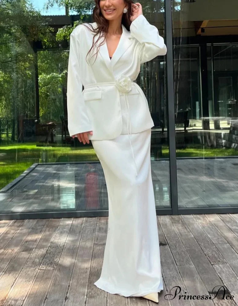 Ivory Silk Extended Sleeve Skirt Workplace Two Piece Set WHITE / S officetwopieceset-250223