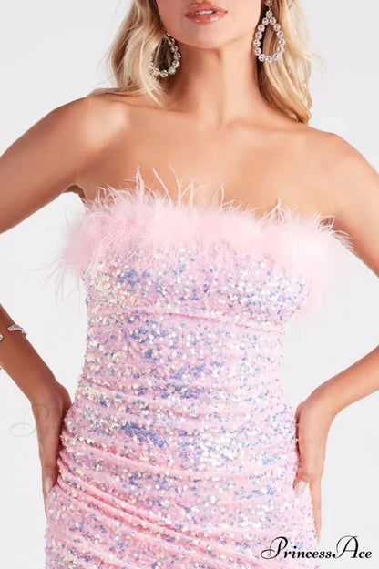 Izzey Sequin Stylish Strapless Feather Dress