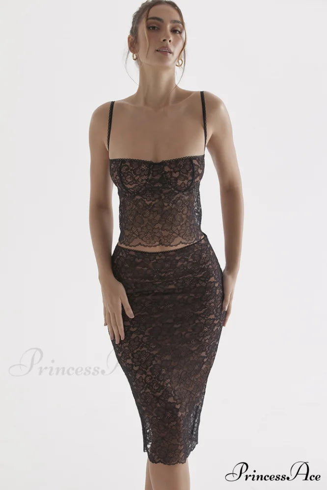 Jacinta Lace Camisole Top Graceful + Midi Skirt Set M / Black Lace