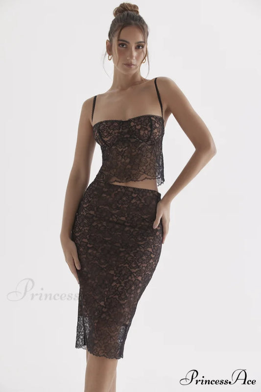 Jacinta Lace Camisole Top Graceful + Midi Skirt Set S / Black Lace