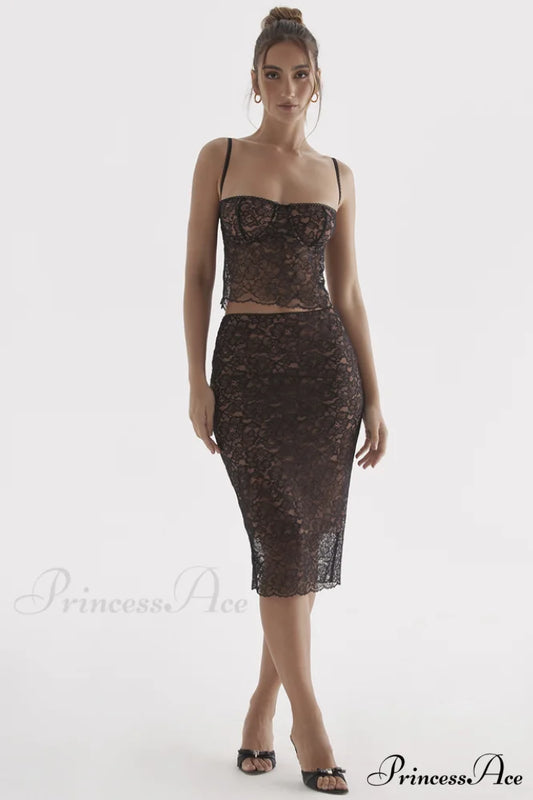 Jacinta Lace Camisole Top Graceful + Midi Skirt Set XS / Black Lace