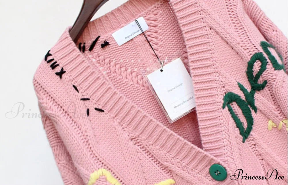 Jacket Loose Pocket Embroidery Fashion Knit Cardigan