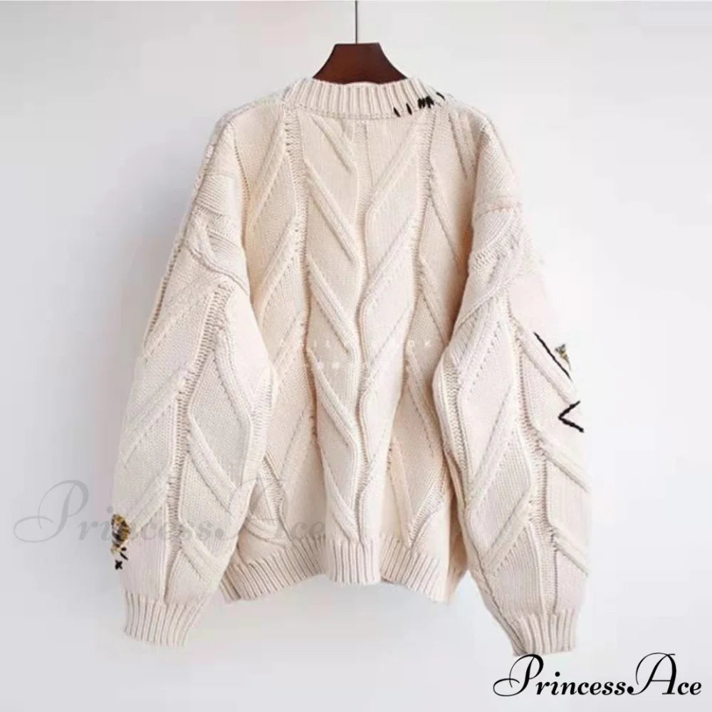 Jacket Loose Pocket Embroidery Fashion Knit Cardigan