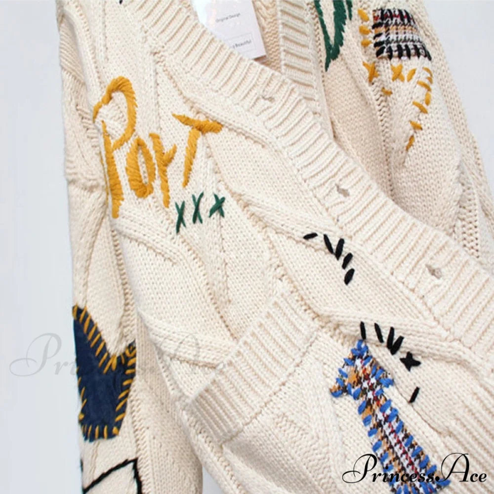 Jacket Loose Pocket Embroidery Fashion Knit Cardigan