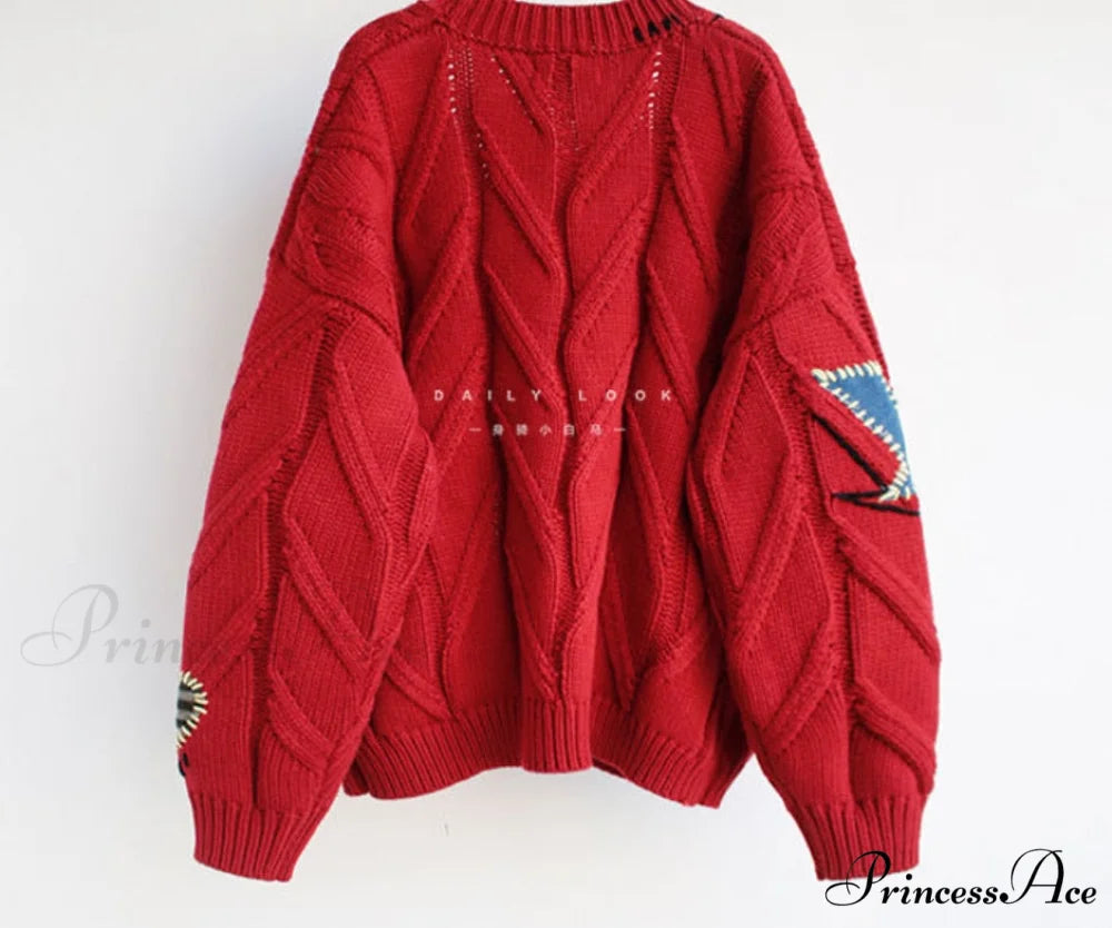 Jacket Loose Pocket Embroidery Fashion Knit Cardigan
