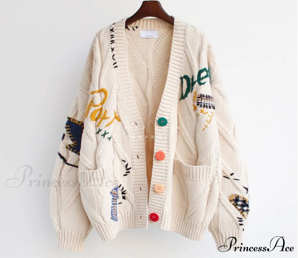 Jacket Loose Pocket Embroidery Fashion Knit Cardigan