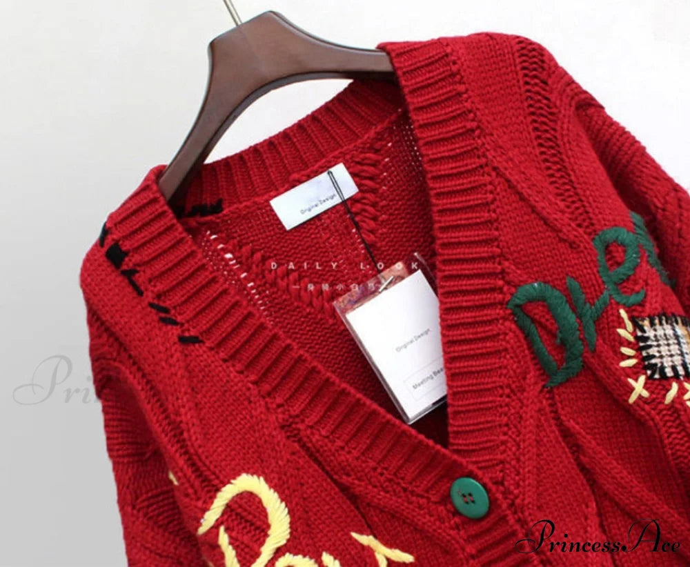 Jacket Loose Pocket Embroidery Fashion Knit Cardigan