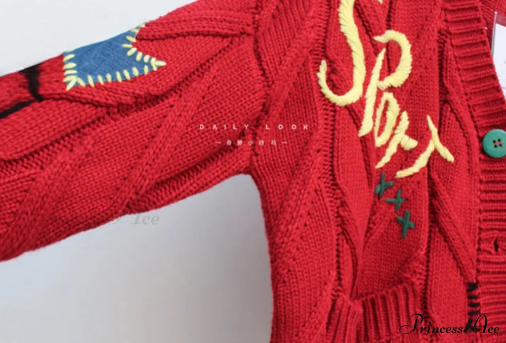 Jacket Loose Pocket Embroidery Fashion Knit Cardigan