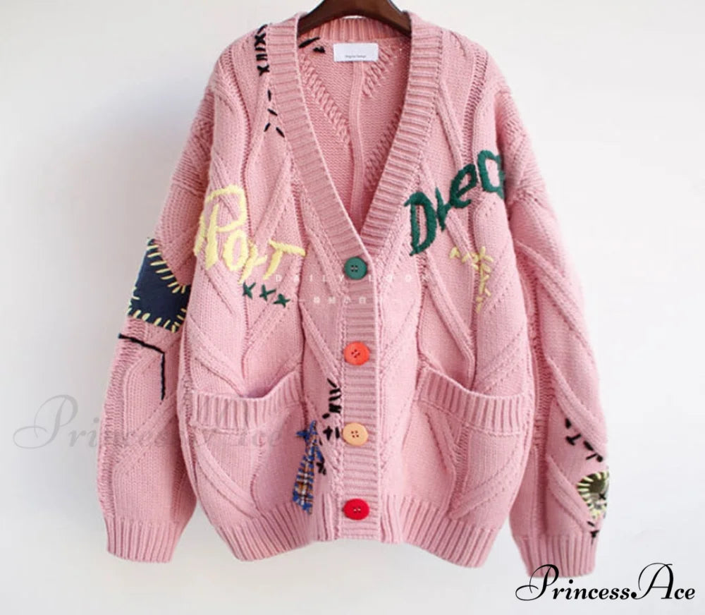 Jacket Loose Pocket Embroidery Fashion Knit Cardigan