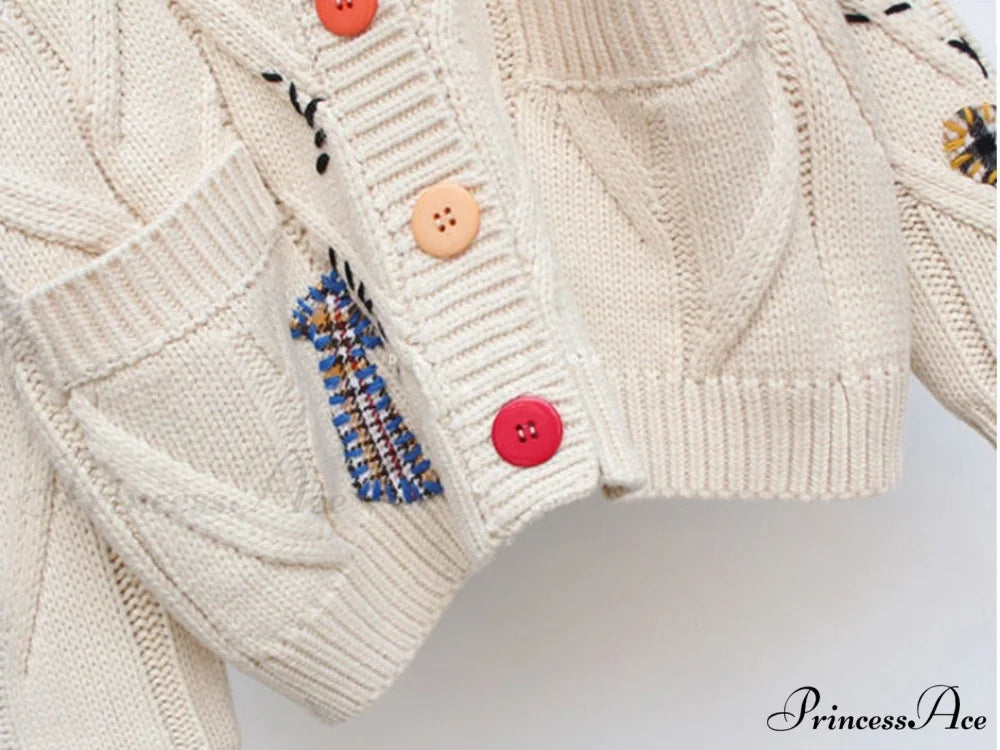 Jacket Loose Pocket Embroidery Fashion Knit Cardigan