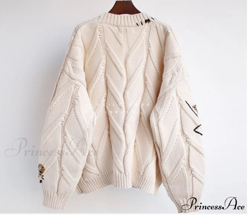 Jacket Loose Pocket Embroidery Fashion Knit Cardigan