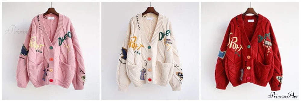 Jacket Loose Pocket Embroidery Fashion Knit Cardigan