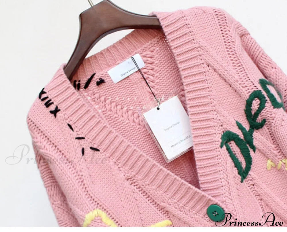 Jacket Loose Pocket Embroidery Fashion Knit Cardigan
