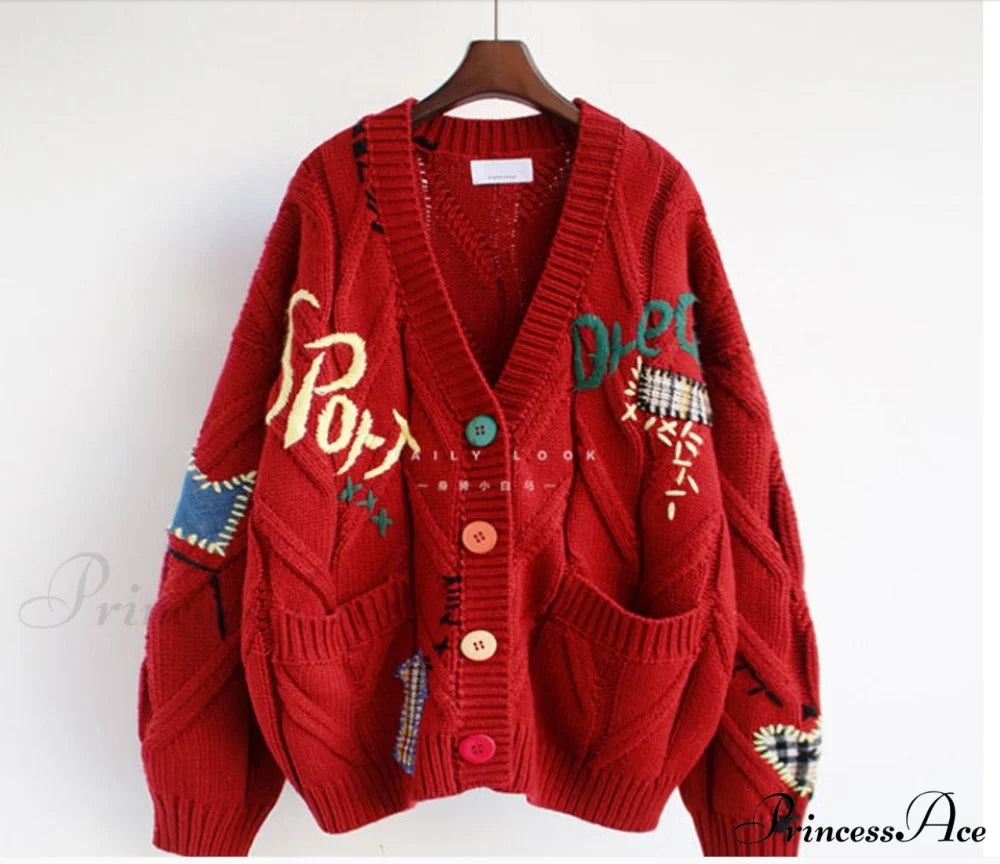 Jacket Loose Pocket Embroidery Fashion Knit Cardigan