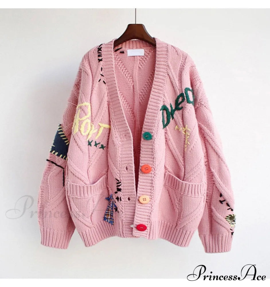 Jacket Loose Pocket Embroidery Fashion Knit Cardigan Pink / S