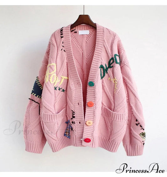 Jacket Loose Pocket Embroidery Fashion Knit Cardigan Pink / S