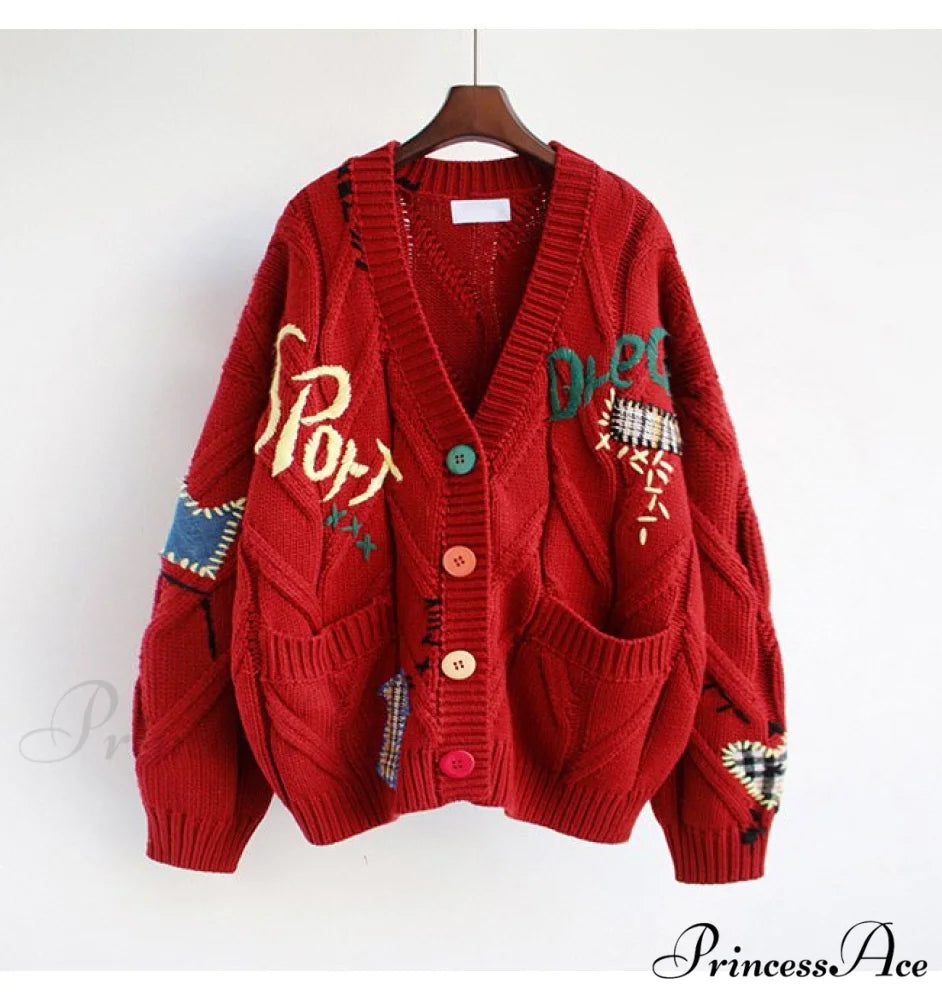Jacket Loose Pocket Embroidery Fashion Knit Cardigan Red / S