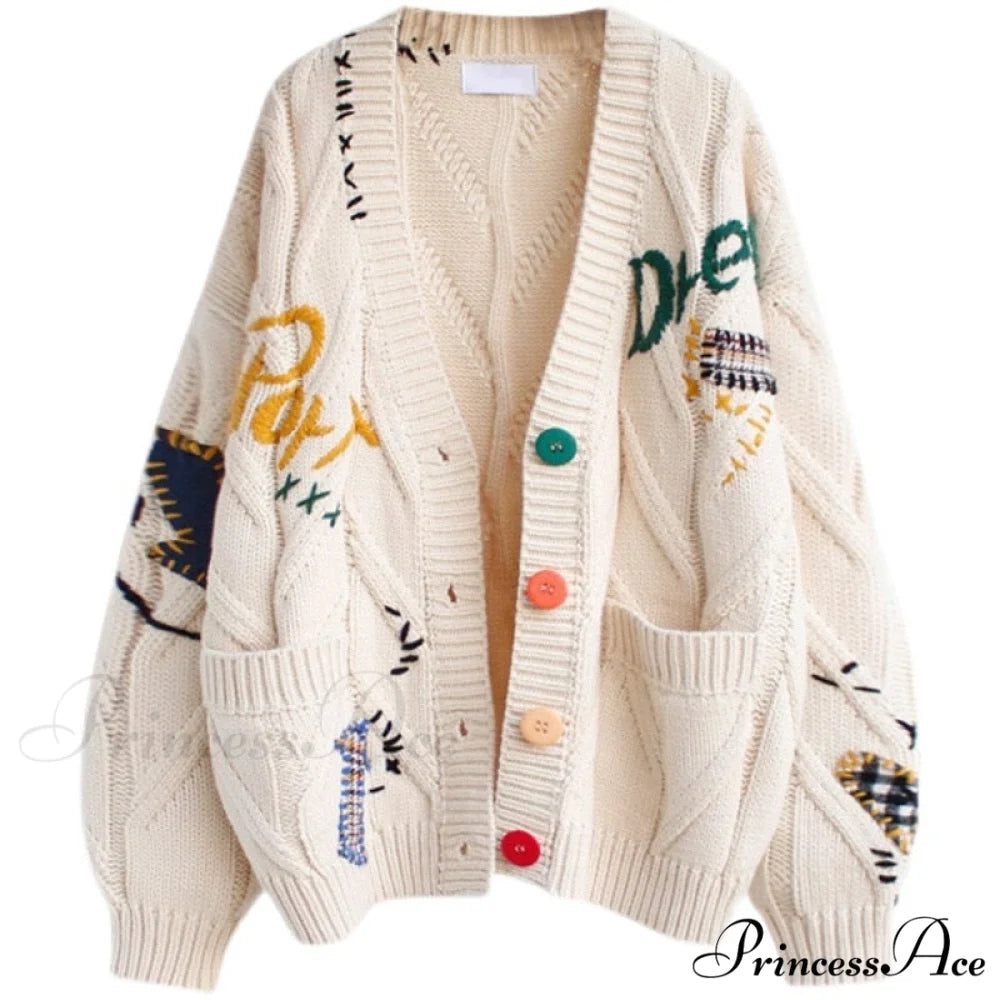 Jacket Loose Pocket Embroidery Fashion Knit Cardigan White / S