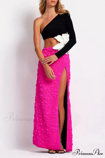 Jacquard One-Shoulder Stylish Flower Appliqu鑼?Dress