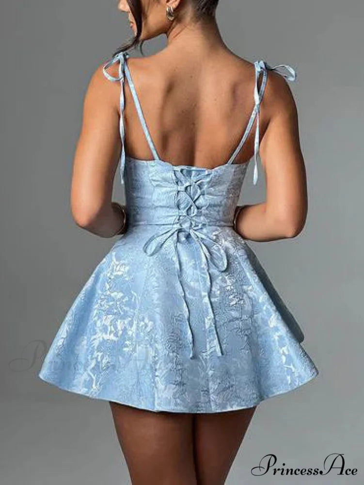 Jacquard Texture Suspender Charming Slimming A-Hem Mini Dress Light Blue / L