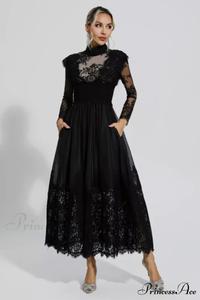 Jamie Black Floral Charming Lace Stitching Dress