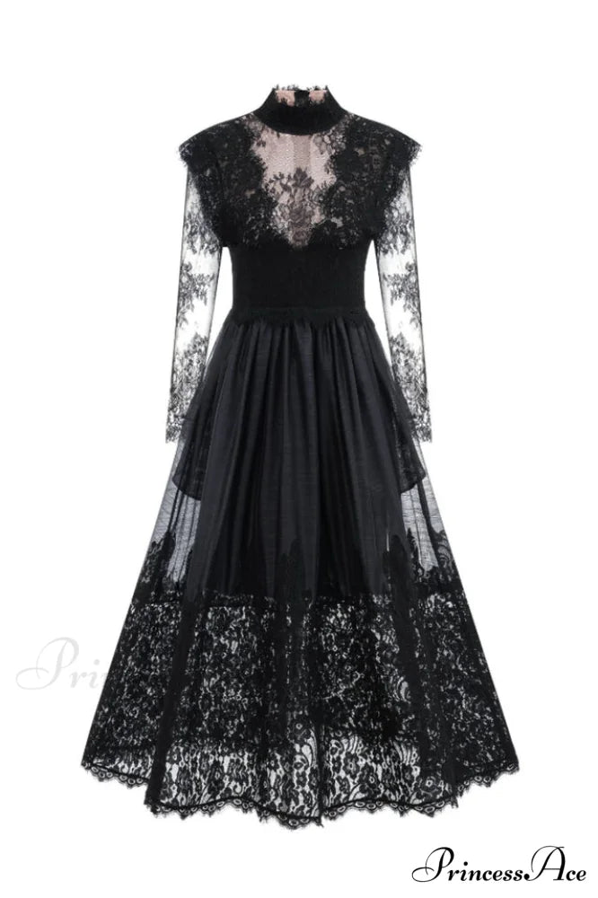Jamie Black Floral Charming Lace Stitching Dress S / Black