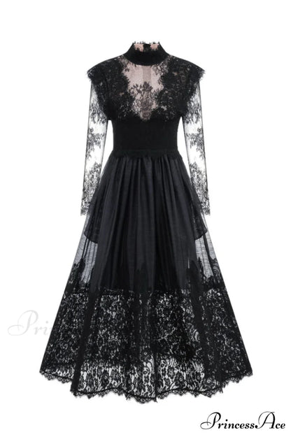 Jamie Black Floral Charming Lace Stitching Dress S / Black