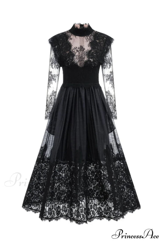 Jamie Black Floral Charming Lace Stitching Dress S / Black