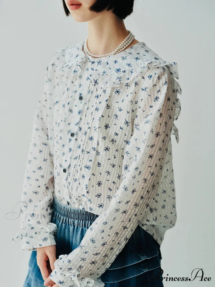 Japanese Flowery Blue Collar Extended Sleeve Blouse white / S blouse-250126