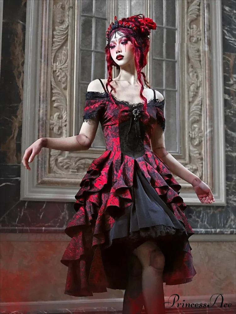 Japanese Gothic Style Red Black Halloween Off-Shoulder Court Wave Autumn Dark High-Waist Lolita Party Dress